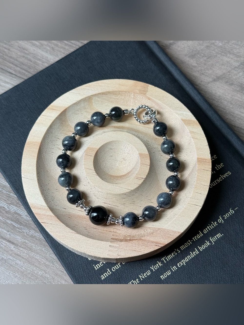 Natural Dark Jadeite Bracelet with Black Accent Bead 7in